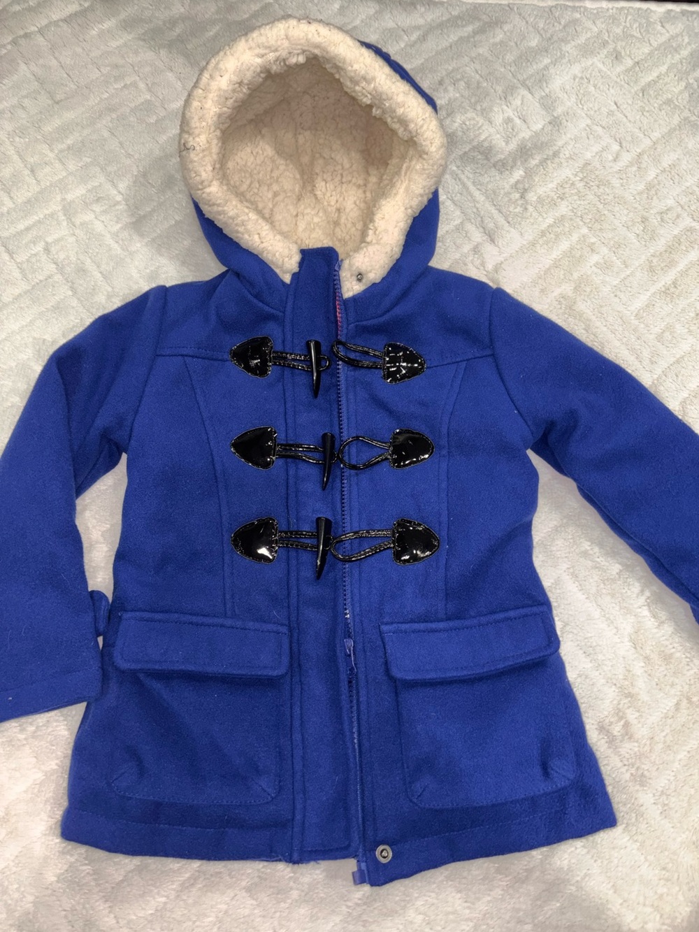 🧸 Pink Platinum Royal Blue Pea Coat with Sherpa Hood